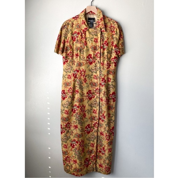 Vintage Dresses & Skirts - Vintage Floral Print Linen Blend Short Sleeve Button Front Maxi Dress 14